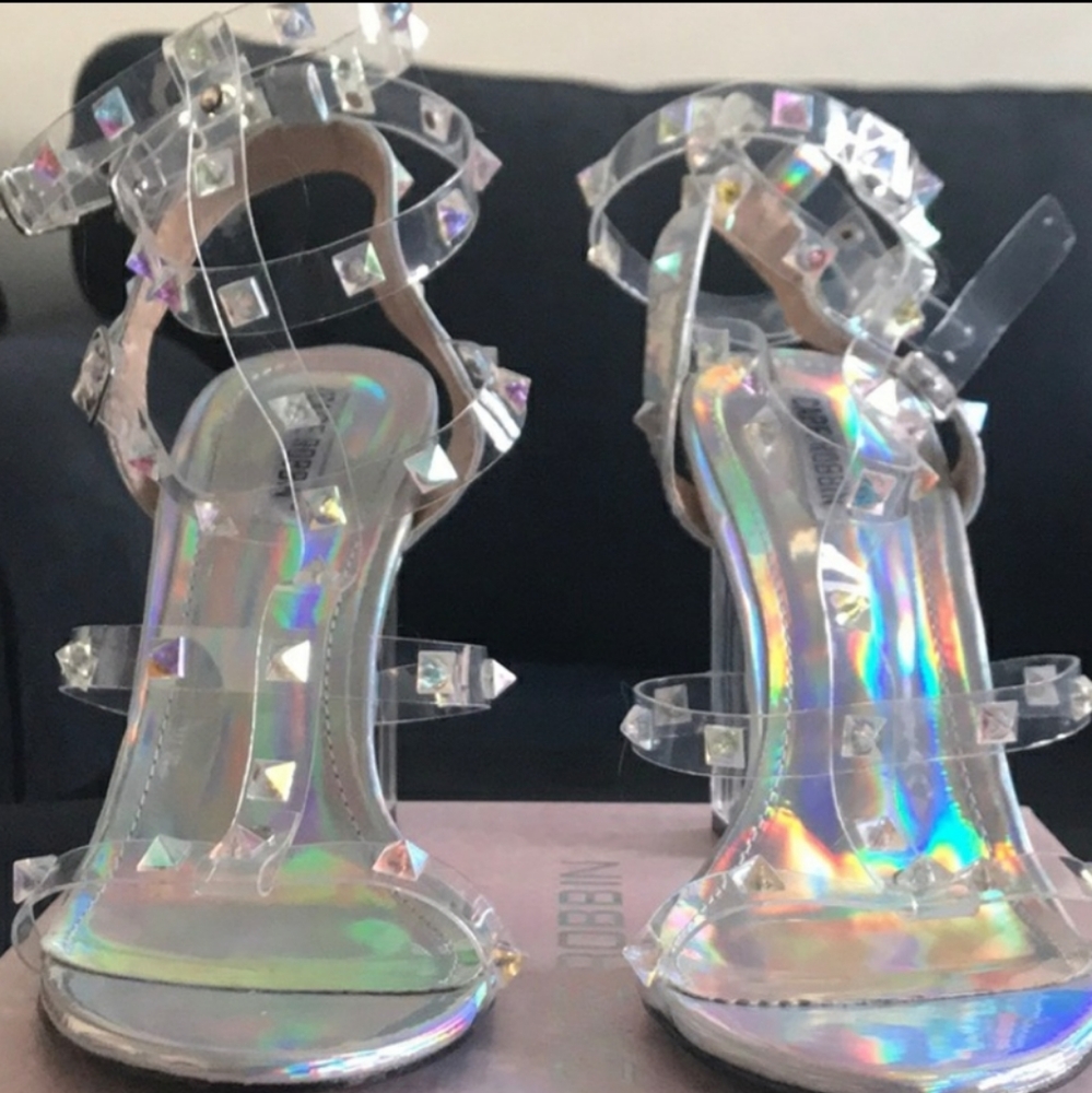 Holographic studded strappy heels